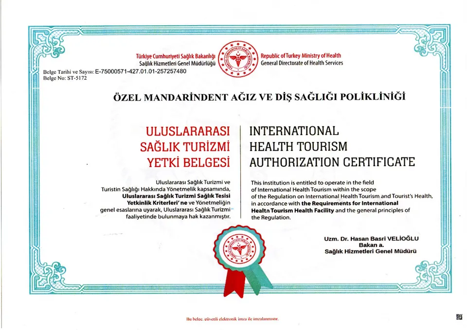 MandarinDent Bodrum – International Health Tourism Authorisation Certificate issued by the Turkish Ministry of Health